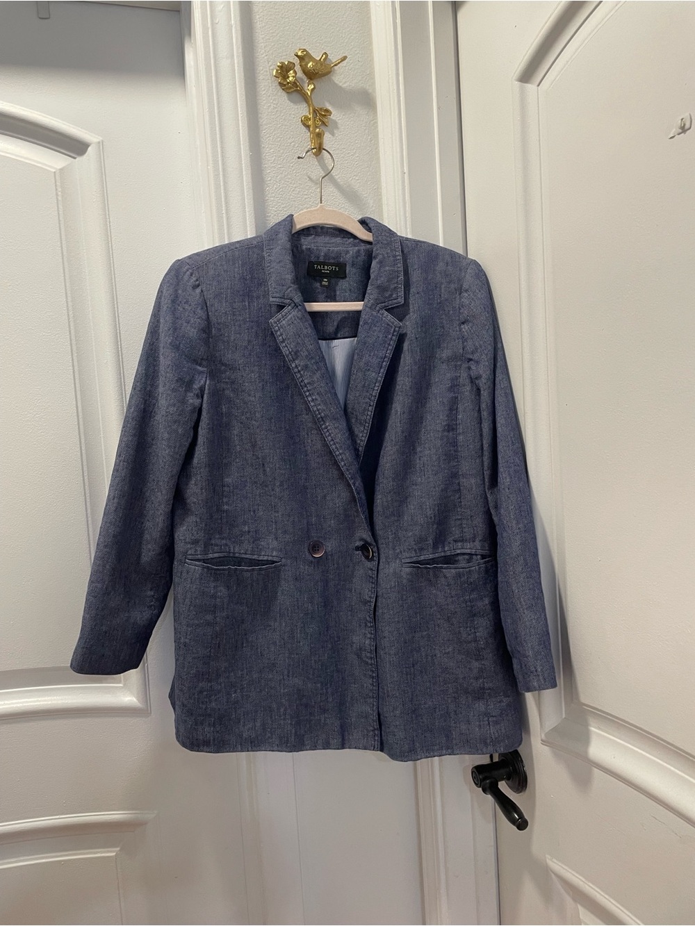 Talbots Women's Dark Blue Linen-Blend Two-Button Blazer